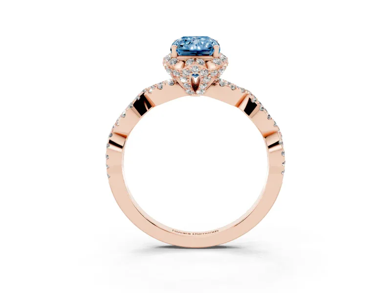 Radiant Cut Milgrain Halo Engagement Ring Setting for a Fancy Blue Lab-Grown Diamond | Graduated Shoulders | Rose Gold