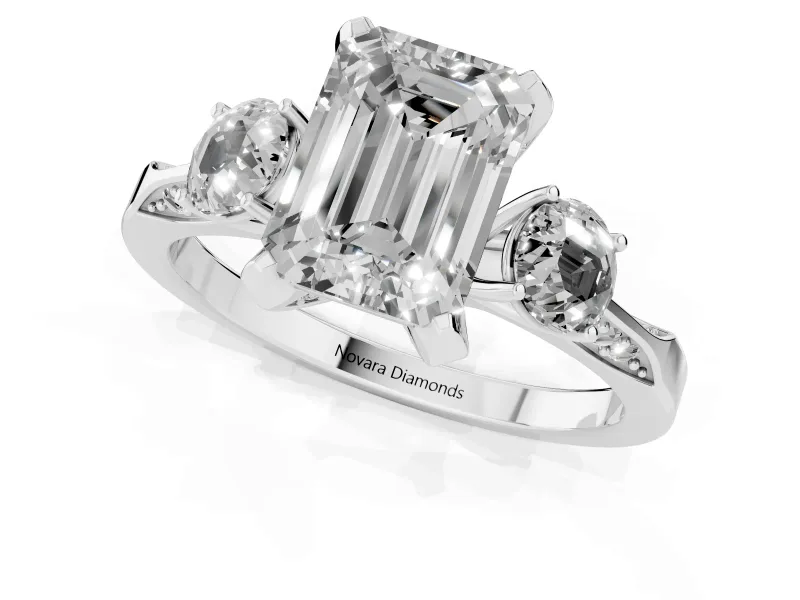 Emerald Cut Hidden Halo Three Stone Engagement Ring Setting | Pave Gallery | White Gold