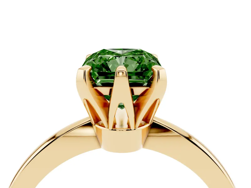 Fancy Green Radiant Cut Diamond Solitaire Engagement Ring Set in Yellow gold with Slim Tapered Solitaire Band
