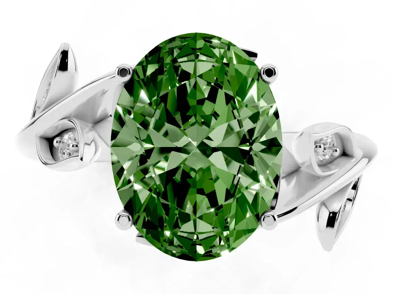 Fancy Green Oval Cut Diamond Solitaire Twist Engagement Ring Set in White gold with Pavé Leaf Accents