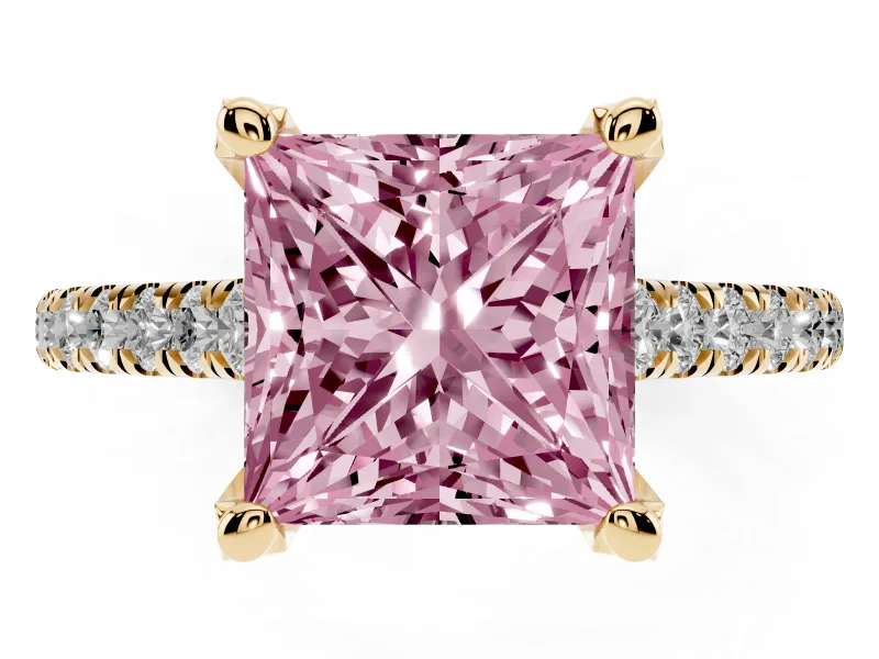 Princess Cut Hidden Halo Pave Engagement Ring Setting for a Fancy Pink Lab-Grown Diamond | Claw Prongs | Yellow Gold