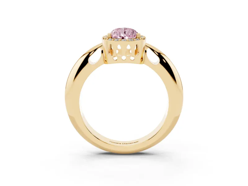 Fancy Pink Pear Cut Diamond Halo Engagement Ring Set in Yellow gold with Plain Split Shank and Prong Setting
