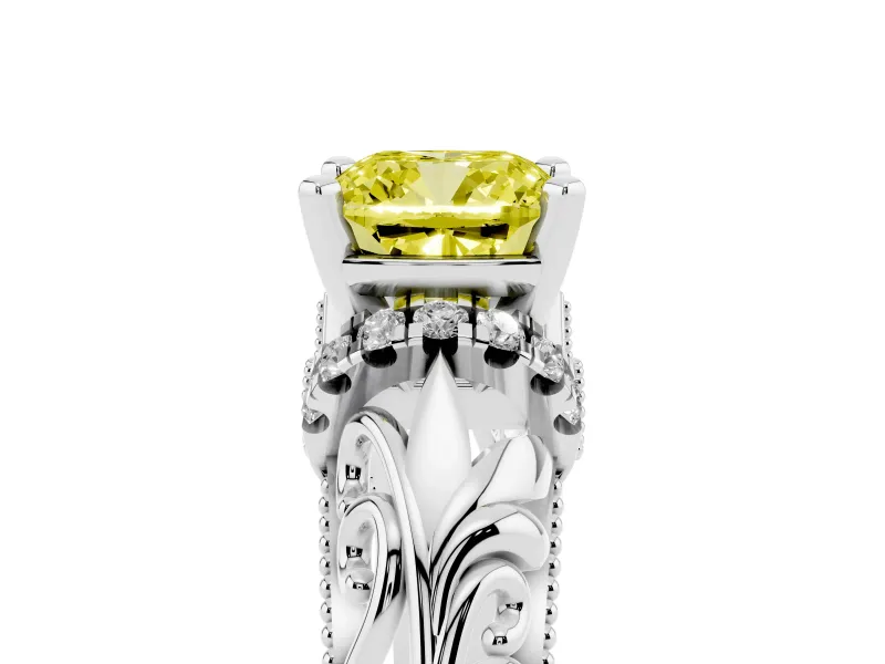 Fancy Yellow Cushion Cut Diamond Filigree Halo Engagement Ring Set in Platinum with Prong Setting