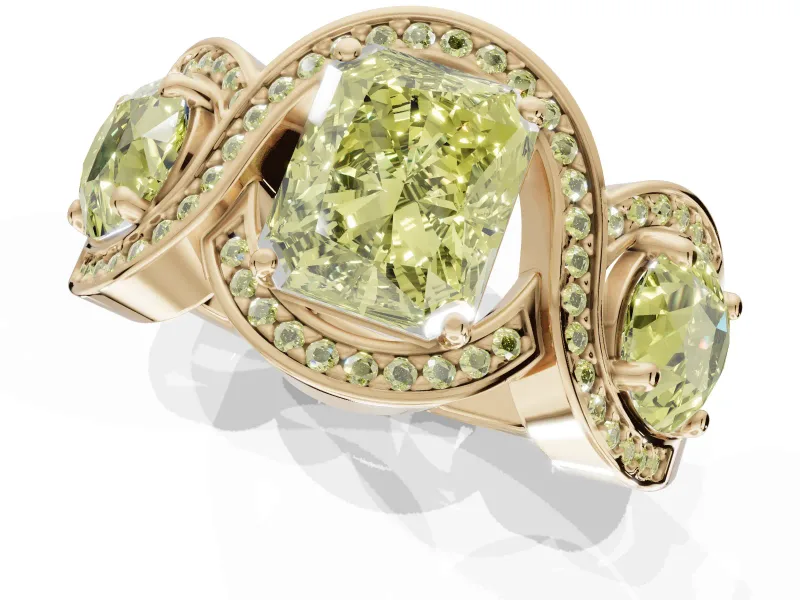 Radiant Cut Three Stone Halo Engagement Ring Setting for a Fancy Yellow Lab-Grown Diamond | Pavé Wave Band | Yellow Gold