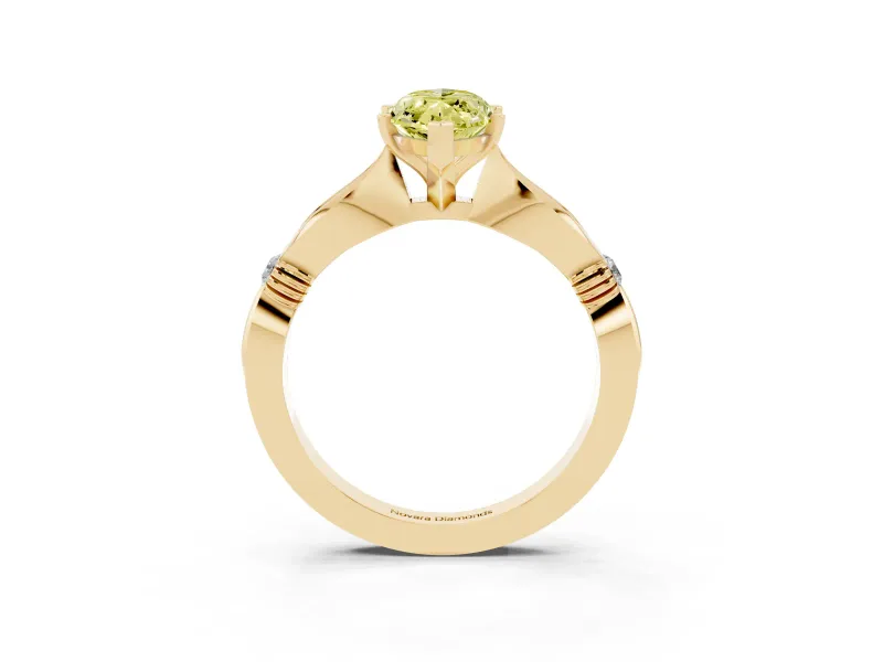 Fancy Yellow Marquise Cut Diamond Solitaire Twisted Band Ring Set in Yellow gold with Accent Stones and Prong Setting
