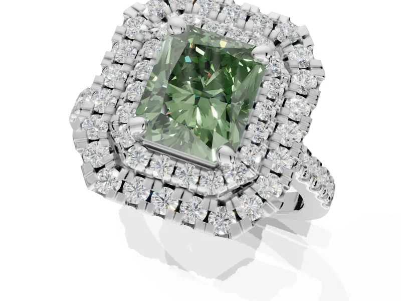 Fancy Green Radiant Cut Lab-Grown Diamond Double Halo Statement Ring Set in Platinum with Pavé Band
