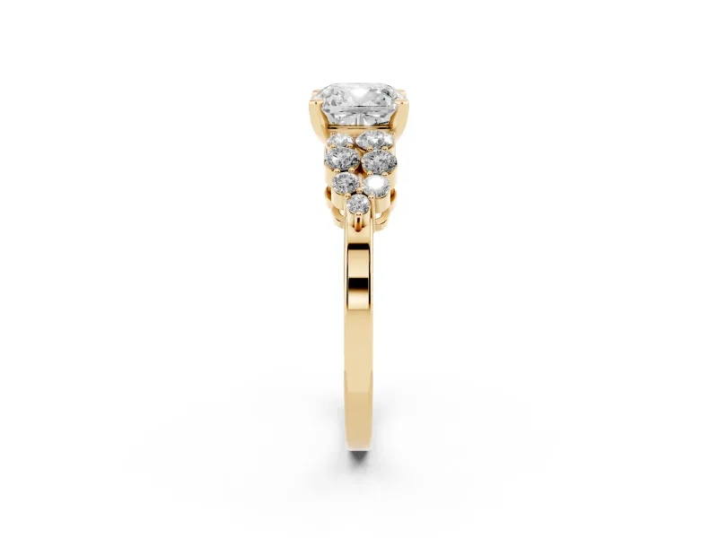 Cushion Cut Side Stone Engagement Ring Setting | Two-Row Shoulder Clusters | Yellow Gold