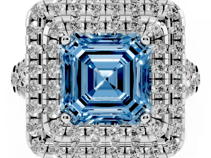 Asscher Cut Halo Split Shank Engagement Ring Setting for a Fancy Blue Lab-Grown Diamond | Sterling Silver
