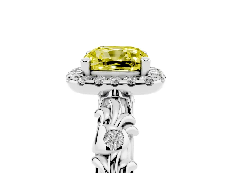 Cushion Cut Leaf Halo Engagement Ring Setting for a Fancy Yellow Lab-Grown Diamond | Bezel Accents | Platinum