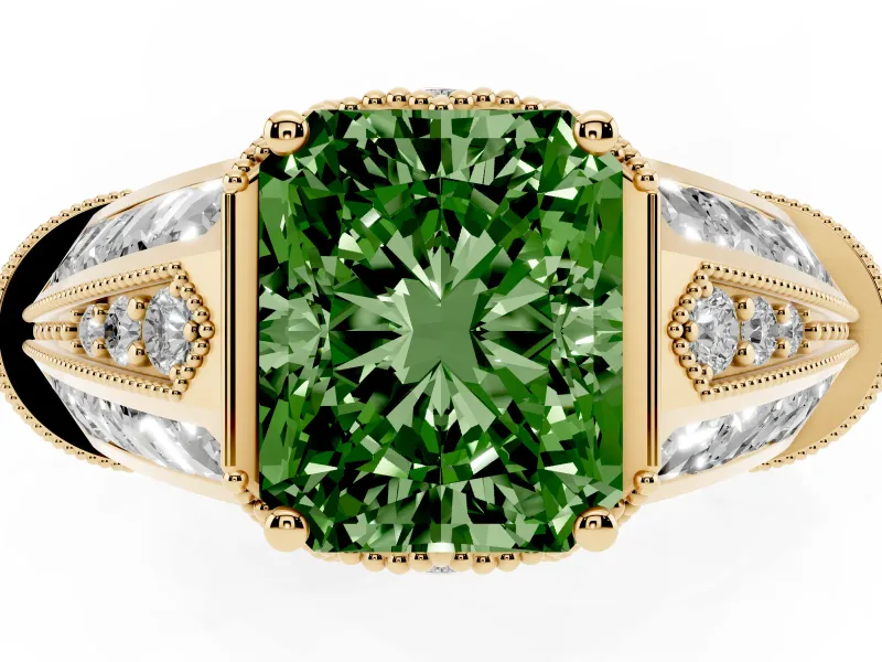 Radiant Cut Vintage Milgrain Engagement Ring Setting for a Fancy Green Lab-Grown Diamond | Hidden Halo | Yellow Gold