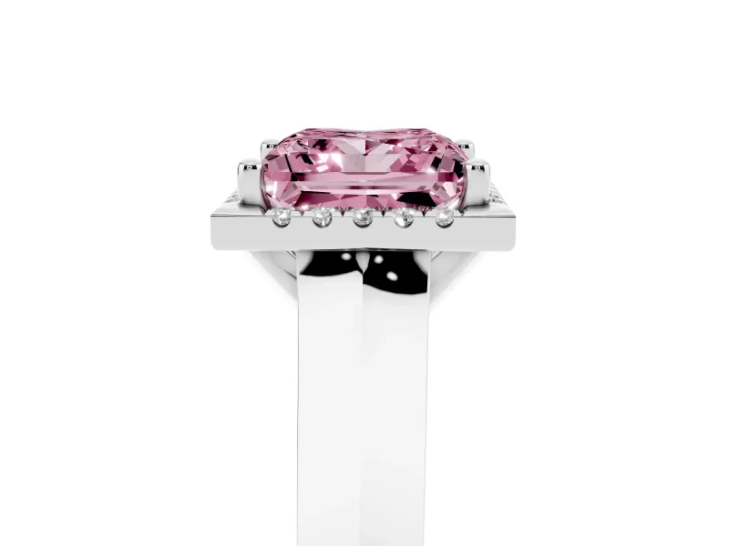Fancy Pink Princess Cut Diamond Halo Ring Set in White gold with Cathedral Band and Prong Setting