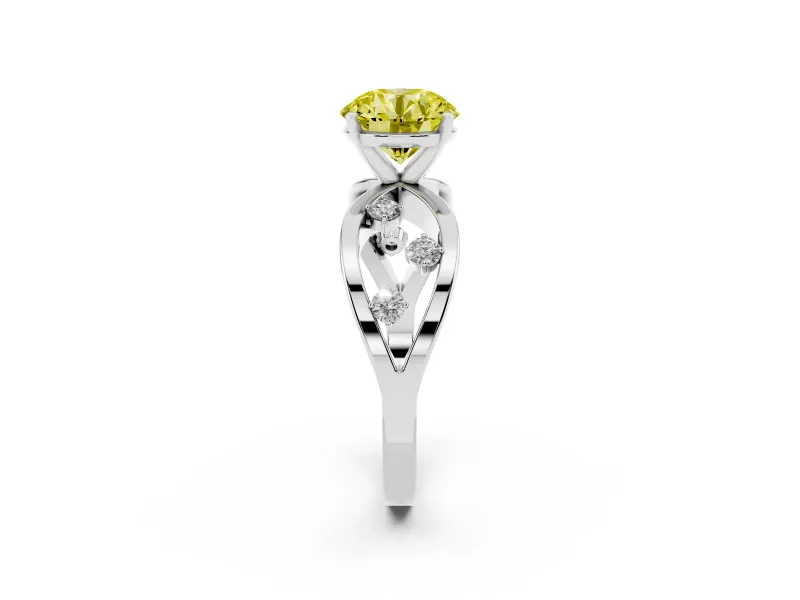 Fancy Yellow Round Cut Diamond Solitaire Ring Set in Silver with Side Stones on Criss-Cross Band and Prong Setting