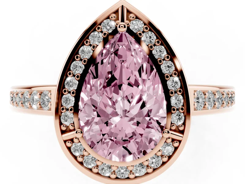 Fancy Pink Pear Cut Diamond Halo Pavé Split Shank Ring Set in Rose gold with Prong Setting