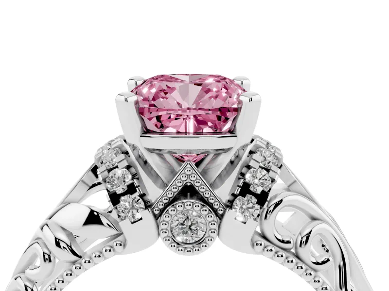 Fancy Pink Cushion Cut Diamond Filigree Halo Engagement Ring Set in White gold with Prong Setting