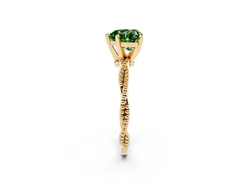 Fancy Green Heart Cut Diamond Solitaire Ring Set in Yellow gold with Twisted Band and Bead Prong Setting