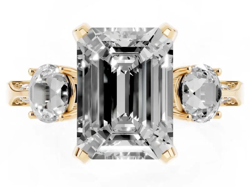 Emerald Cut Hidden Halo Three Stone Engagement Ring Setting | Pave Gallery | Yellow Gold