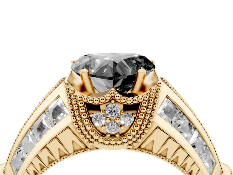 Fancy Black Heart Cut Diamond Vintage-Inspired Milgrain Ring Set in Yellow gold with Accent Split Shank