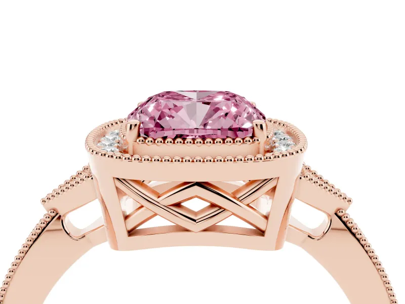 Cushion Cut Milgrain Halo Engagement Ring Setting for a Fancy Pink Lab-Grown Diamond | Graduated Pavé | Rose Gold