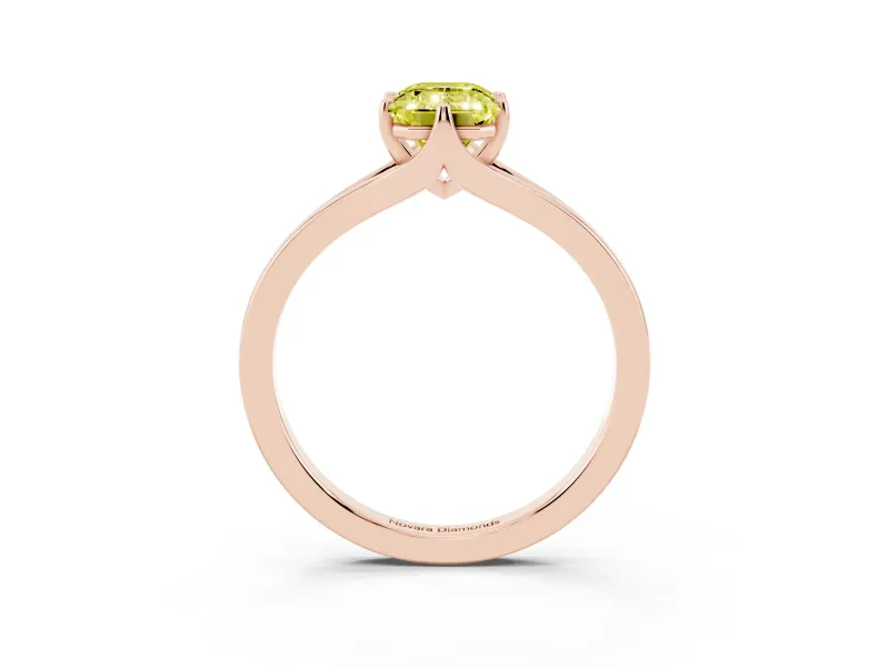 Fancy Yellow Emerald Cut Diamond Solitaire Ring Set in Rose gold with Polished Tapered Band and Prong Setting