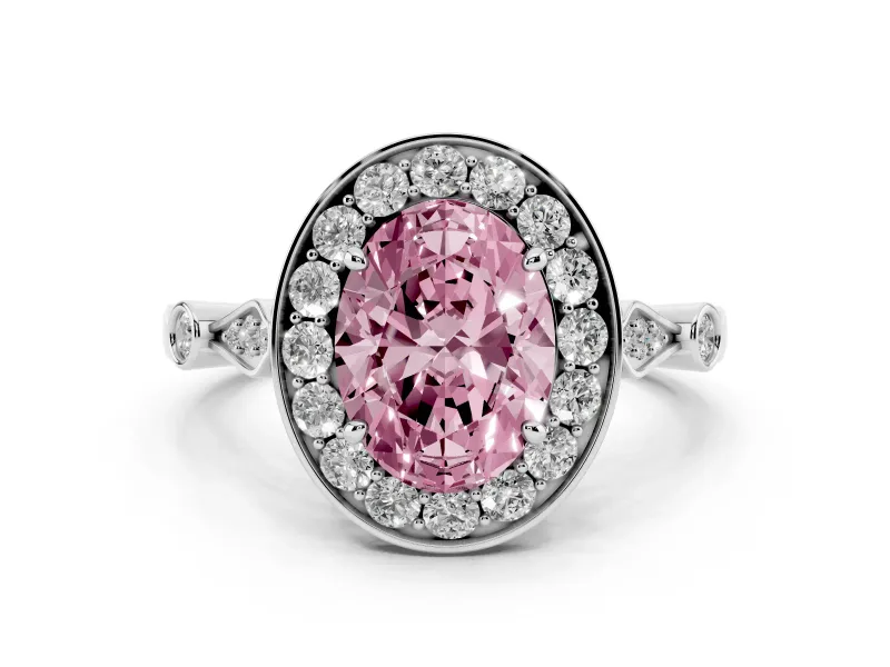 Fancy Pink Oval Cut Diamond Halo Engagement Ring Set in Platinum with Twisted Band and Prong Setting