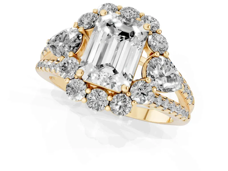 Emerald Cut Scalloped Halo Engagement Ring Setting | Pear Side Stones | Yellow Gold