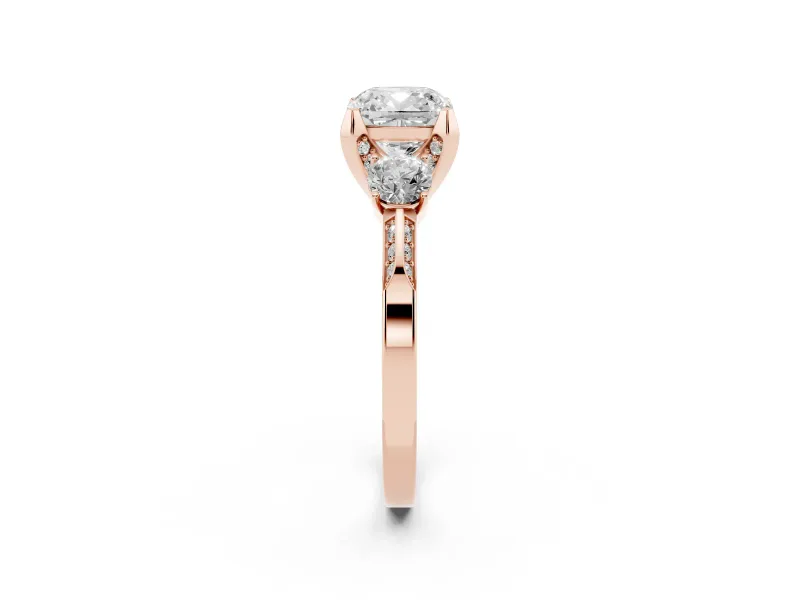 Cushion Cut Hidden Halo Three Stone Engagement Ring Setting | Pave Gallery | Rose Gold