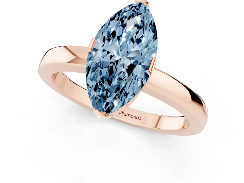 Fancy Blue Marquise Cut Diamond Solitaire Ring Set in Rose gold with Prong Head and Smooth Polished Band
