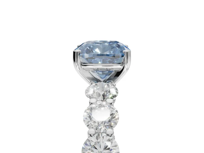 Cushion Cut Side Stone Engagement Ring Setting for a Fancy Blue Lab-Grown Diamond | Scalloped Prong Accents | Platinum