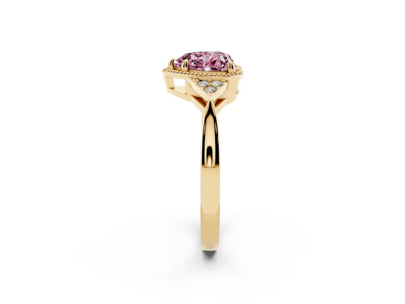 Fancy Pink Heart Cut Diamond Milgrain Solitaire Ring Set in Yellow gold with Tapered Pavé Band and Prong Setting