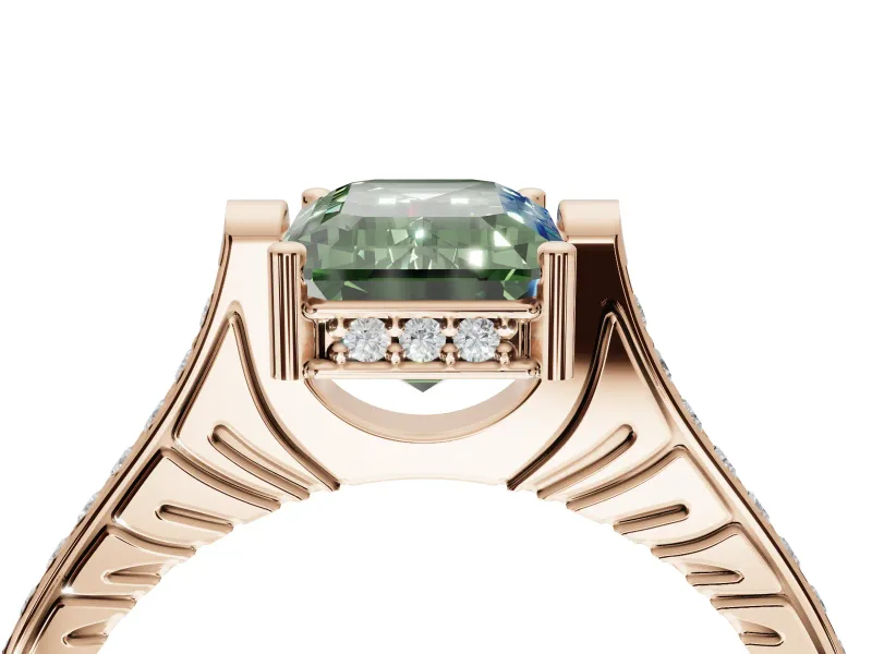 Emerald Cut Vintage Cathedral Engagement Ring Setting for a Fancy Green Lab-Grown Diamond | Carved Band | Rose Gold