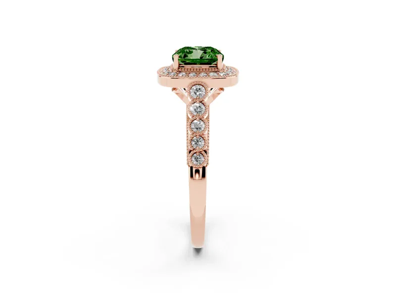 Cushion Cut Graduated Milgrain Halo Engagement Ring Setting for a Fancy Green Lab-Grown Diamond | Rose Gold