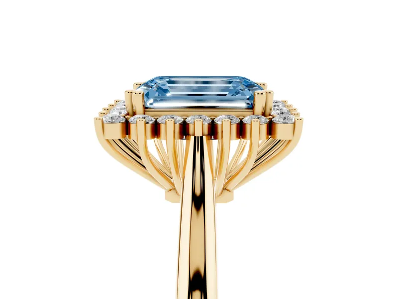 Emerald Cut Starburst Halo Engagement Ring Setting for a Fancy Blue Lab-Grown Diamond | Yellow Gold