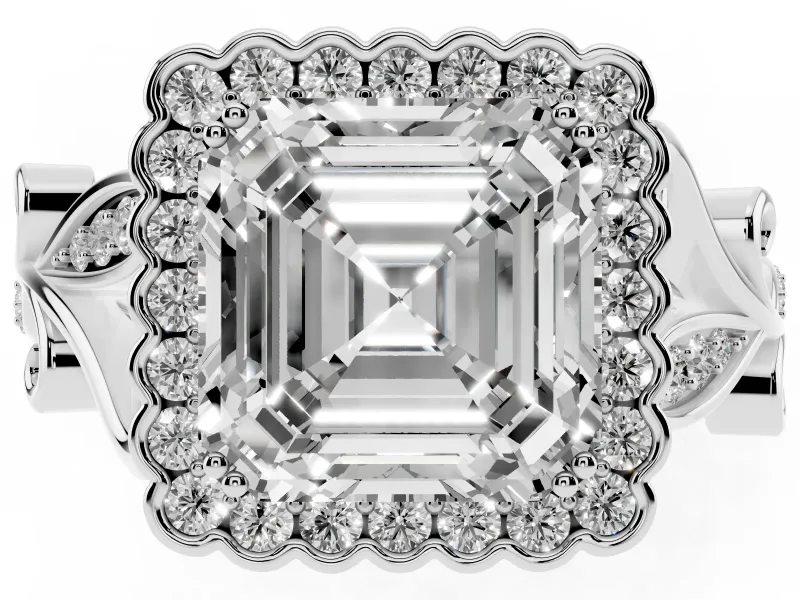 Asscher Cut Vintage Leaf Halo Engagement Ring Setting | Graduated Vine Shank | Sterling Silver