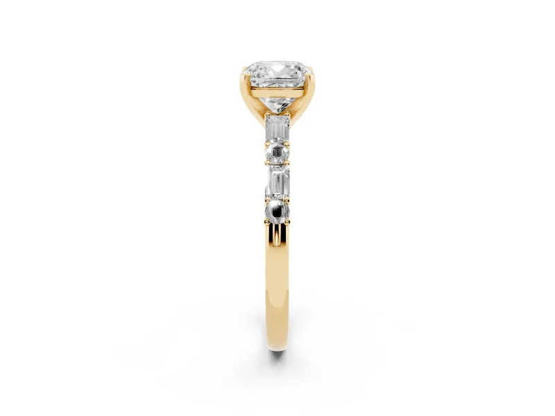 Cushion Cut Diamond Solitaire Set in Yellow gold with Side Baguettes and Channel Set Band