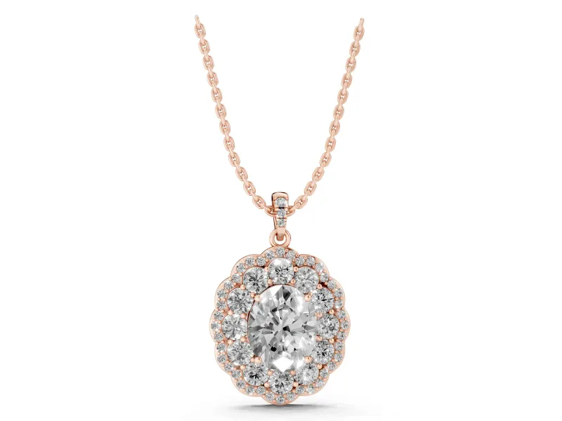 Oval Lab-Grown Diamond Floral Double Halo Pendant Necklace | Pavé Bail | Rose Gold
