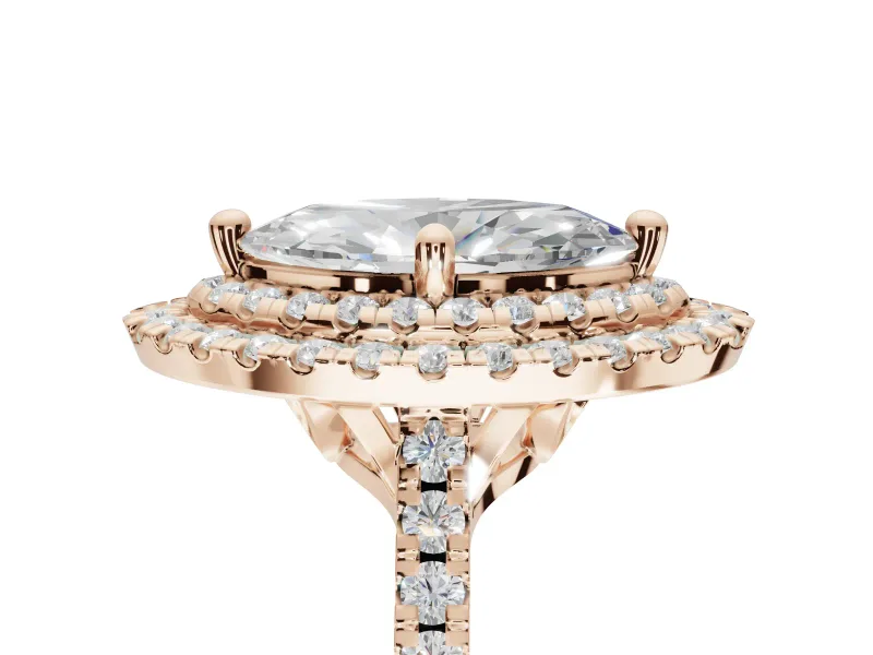 Marquise Lab-Grown Diamond Double Halo Statement Ring Set in Rose Gold with Pavé Band