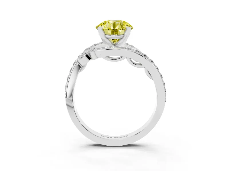 Fancy Yellow Round Cut Diamond Solitaire Ring Set in White gold with Pavé Twist Band and Secure Prong Setting