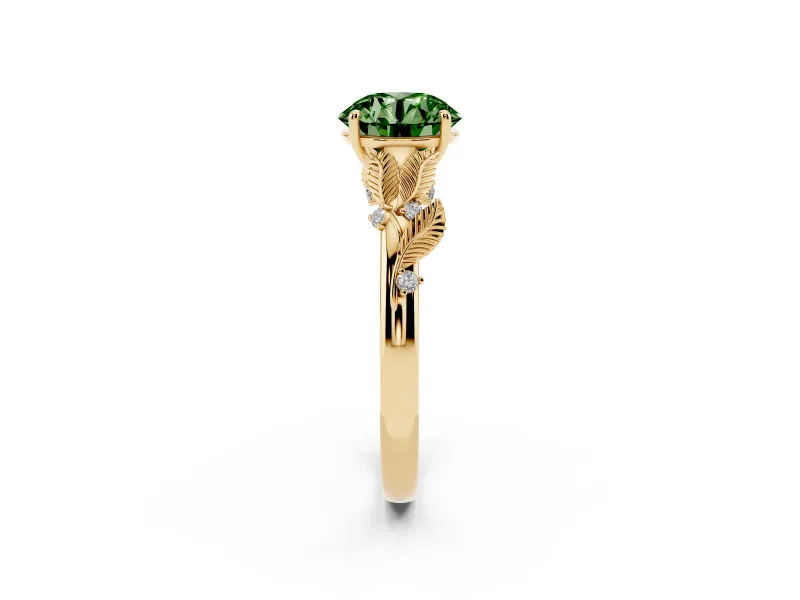 Round Leaf Solitaire Engagement Ring Setting for a Fancy Green Lab-Grown Diamond | Yellow Gold