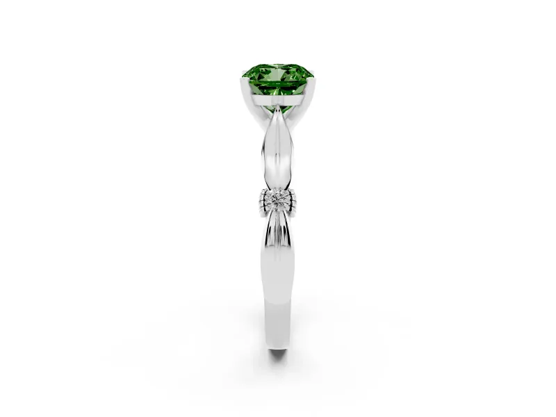 Fancy Green Cushion Cut Diamond Solitaire Twisted Band Ring Set in Platinum with Accent Stones and Prong Setting