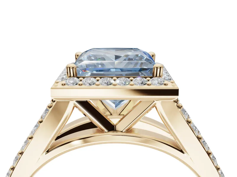Princess Cut Halo Pavé Engagement Ring Setting for a Fancy Blue Lab-Grown Diamond | Narrow Split Shank | Yellow Gold