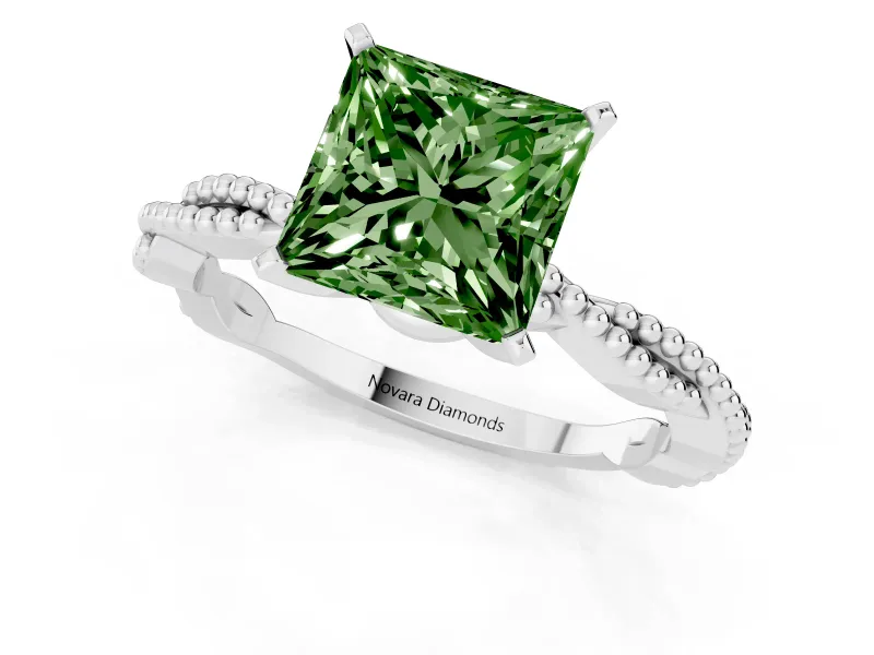 Fancy Green Princess Cut Diamond Solitaire Ring Set in Silver with Twisted Band and Bead Prong Setting