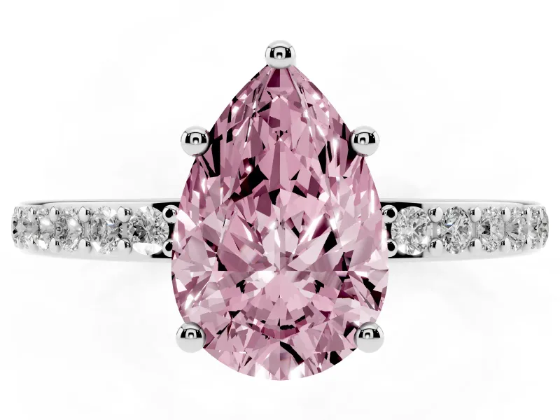 Fancy Pink Pear Cut Diamond Pavé Band Ring Set in Platinum with Prong-Set Center Stone