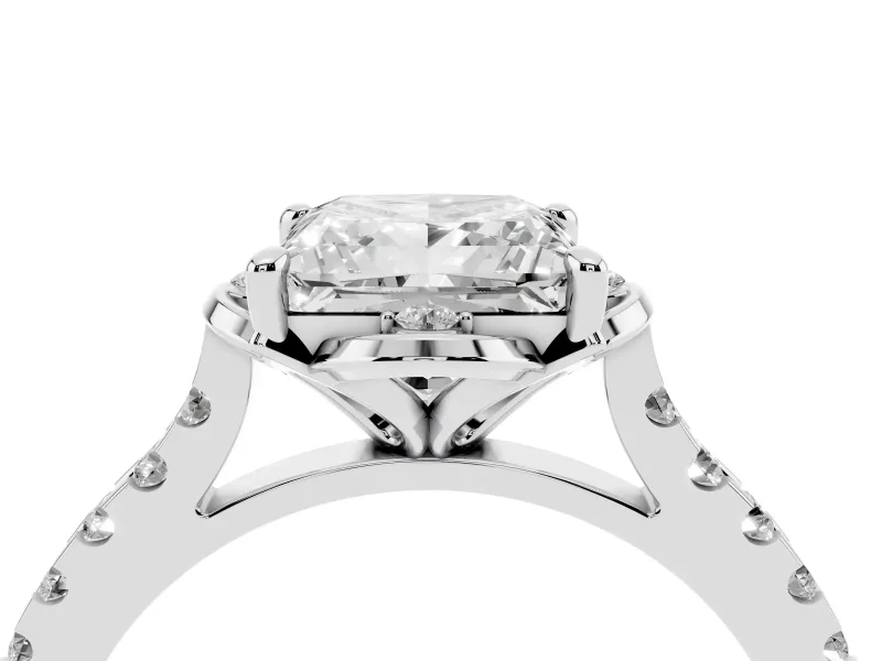 Princess Cut Diamond Solitaire Ring Set in White gold with Pavé Band and Floral Prong Setting