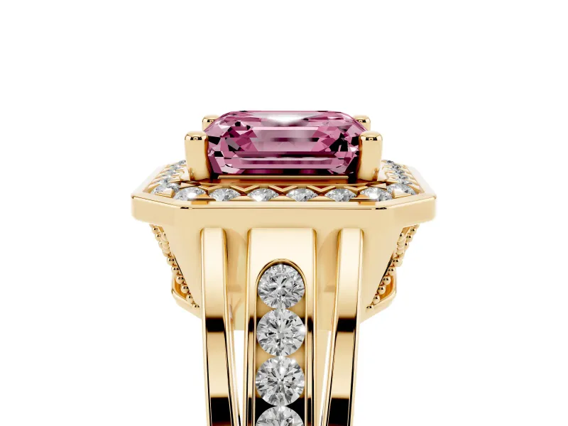 Asscher Cut Halo Engagement Ring Setting for a Fancy Pink Lab-Grown Diamond | Channel-Set Split Shank | Yellow Gold