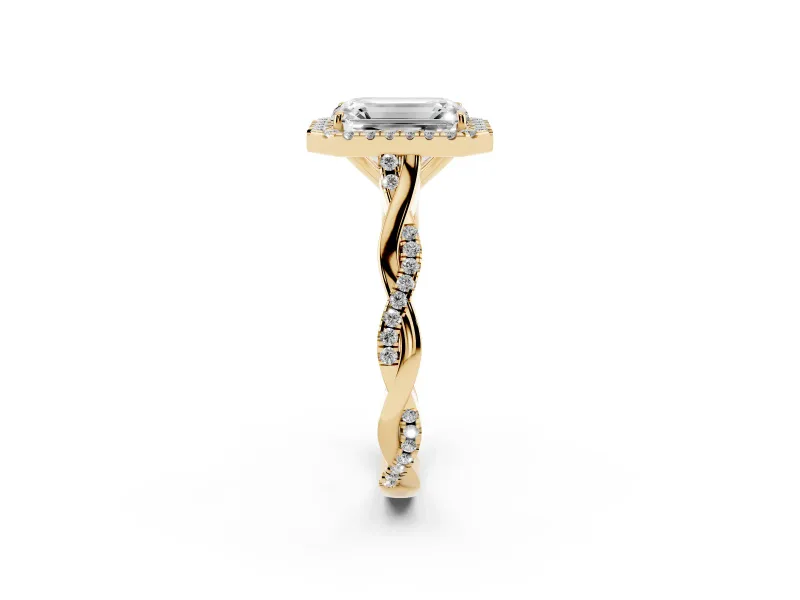 Emerald Cut Halo Engagement Ring Setting | Pavé Twist Band | Yellow Gold