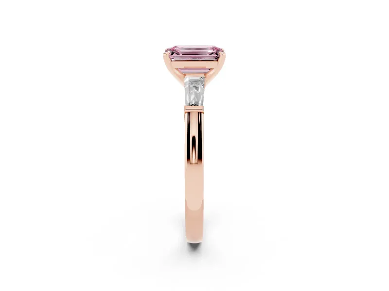Emerald Cut Three Stone Engagement Ring Setting for a Fancy Pink Lab-Grown Diamond | Tapered Baguettes | Rose Gold