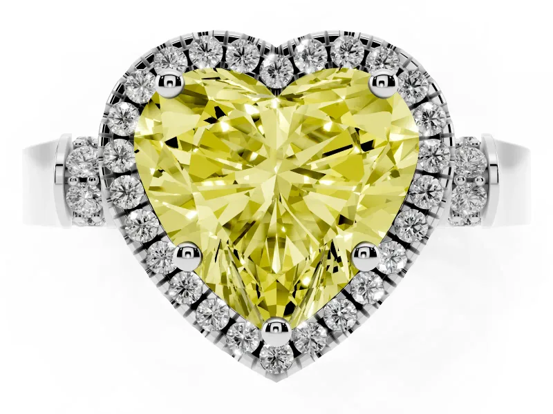 Heart-Shaped Halo Engagement Ring Setting for a Fancy Yellow Lab-Grown Diamond | Pointed Pave Shoulders | Platinum