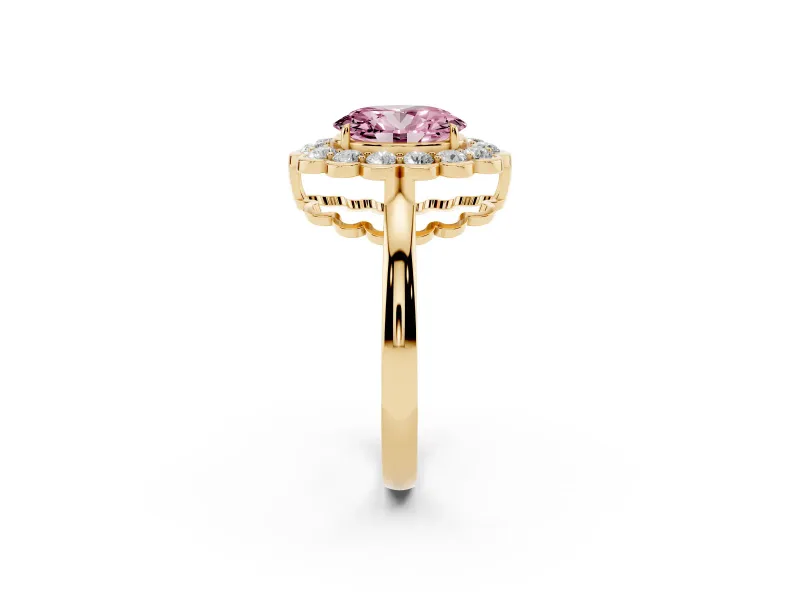 Oval Scalloped Cluster Halo Engagement Ring Setting for a Fancy Pink Lab-Grown Diamond | Plain Band | Yellow Gold