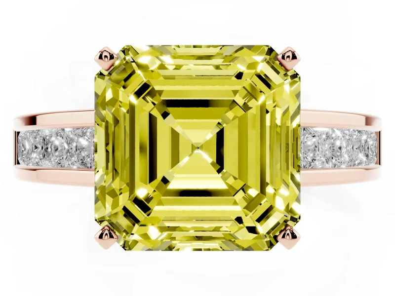 Fancy Yellow Asscher Cut Diamond Solitaire Ring Set in Rose gold with Channel-Set Band and Prong Setting