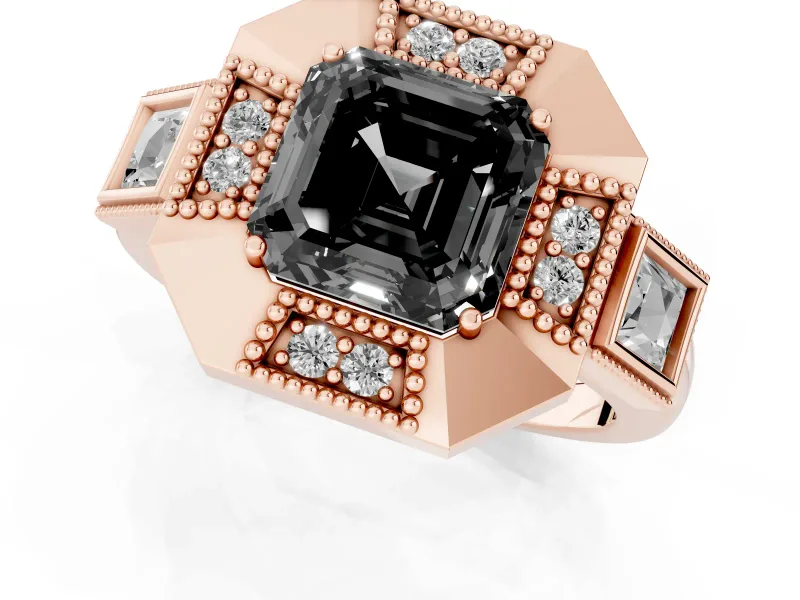 Fancy Black Asscher Cut Diamond Milgrain Halo Ring Set in Rose gold with Split Shank